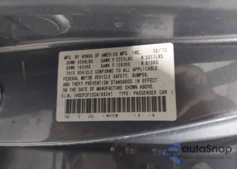 2012 Honda Accord 2.4 Lx from USA, damaged, VIN 1HGCP2F33CA189541